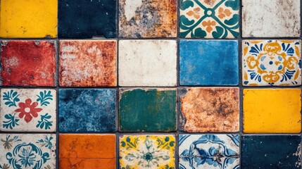 Poster - Colorful vintage ceramic tiles arranged in a grid pattern with various designs and textures showing wear and age Copy Space
