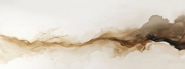 Fototapete - Abstract fluid art with brown and black tones creating flowing patterns on a light background Copy Space