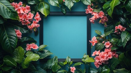 Wall Mural - Floral frame with pink blossoms and lush green leaves on a teal background with copy space for text or design elements.