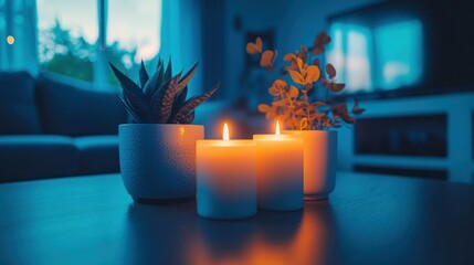 Wall Mural - Cozy living room sunset candles plants