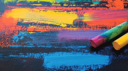 Fototapete - Vibrant abstract painting background with colorful brush strokes and pastel chalks on textured canvas Copy Space