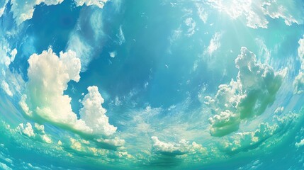 Poster - Panoramic View of Blue Sky with White Clouds and Soft Light Reflection Copy Space