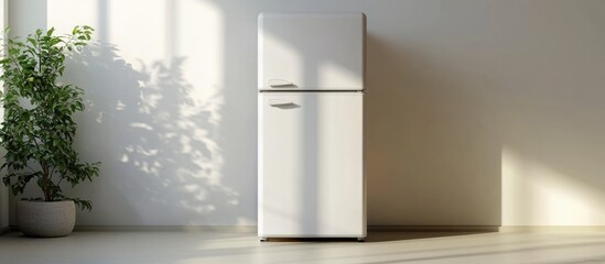 Poster - Modern white refrigerator in minimalist interior with sunlight shadows and potted plant on floor, Copy Space available