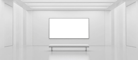 Poster - Modern minimalist art gallery interior with blank white walls and a large empty frame, featuring a bench and ample copy space.