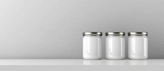 Poster - Three glass jars with silver lids arranged on a white shelf against a neutral background with Copy Space for text placement
