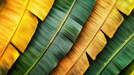 Poster - Colorful tropical leaves background with green and yellow patterns showcasing texture and detail. Copy Space available.
