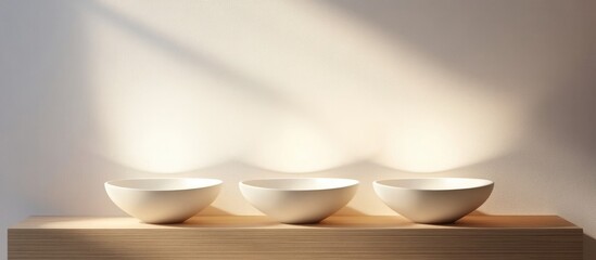 Poster - Three minimalist bowls arranged neatly on a wooden surface with soft lighting and shadows creating a calming atmosphere Copy Space