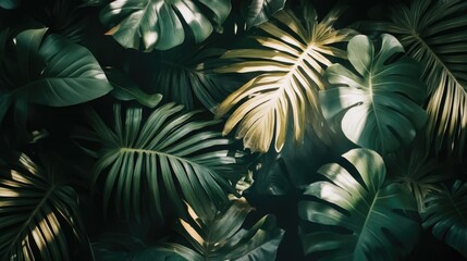 Poster - Lush tropical leaves background with various shades of green and light highlights Copy Space
