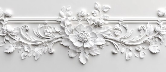 Poster - White floral decorative relief molding on a light background with ample Copy Space for text placement