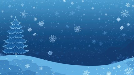 Poster - Winter landscape with snowflakes and evergreen tree on blue background Copy Space