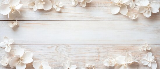 Poster - White orchid flowers on light wooden background with copy space for text or design elements.