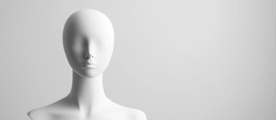  - White mannequin head on a plain background with copy space suitable for displaying fashion or art concepts.