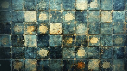 Poster - Textured vintage tile wall background with worn and weathered squares in various shades of blue and brown, Copy Space