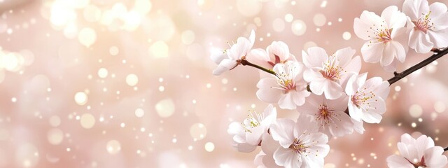 Poster - Cherry blossom branch with light bokeh effect and soft pastel background Copy Space
