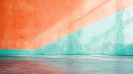 Poster - Colorful abstract wall with orange and teal geometric design and smooth concrete floor Copy Space