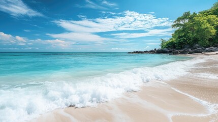 Poster - Tropical beach landscape with clear turquoise water gentle waves and lush green trees under a bright blue sky Copy Space