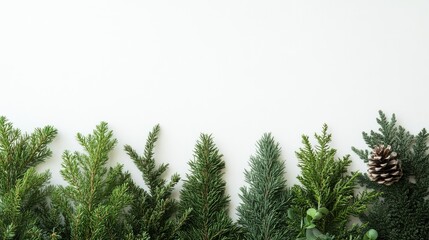 Poster - Greenery border with pine cones and holly leaves on white background with copy space for text or design elements