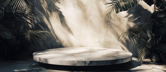 Poster - Round marble platform in a tropical setting with dramatic shadows and wall texture, suitable for product photography, Copy Space