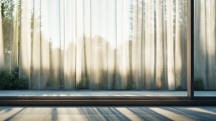 Poster - Translucent curtains softly filtering sunlight in a modern room with a clean floor and outdoor greenery visible through the window Copy Space