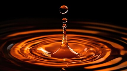 Poster - Orange liquid drop creating ripples, high-speed capture, black background, reflective surface, Copy Space available for text.