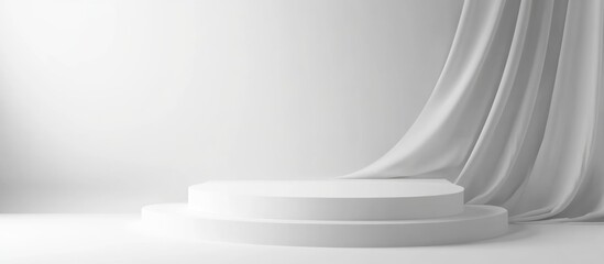 Fototapete - Minimalist studio background with white circular platform and draped fabric, Copy Space for text or graphics