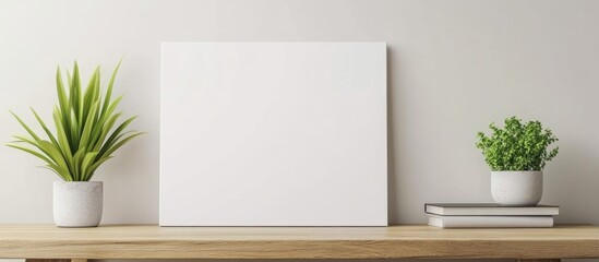 Poster - Blank canvas on wooden shelf with decorative potted plants and stacked books against a minimalistic wall Copy Space