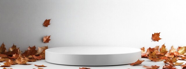  - White circular pedestal display with autumn leaves on a gradient background and ample copy space for text placement.