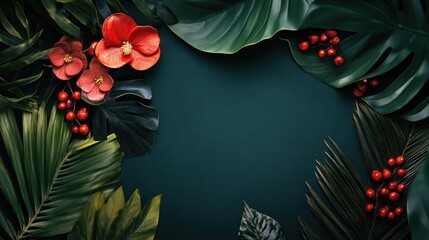 Poster - Tropical leaves and red flowers frame with dark teal background and ample copy space for text placement