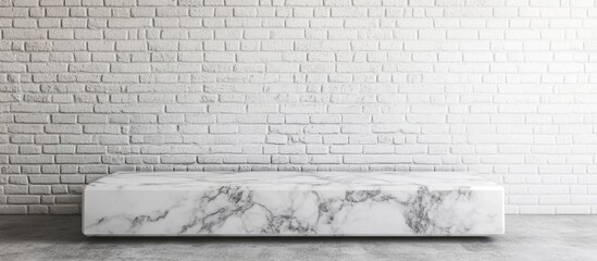 Poster - Modern minimalist bed design on a marble platform against a white brick wall with ample Copy Space for text placement.