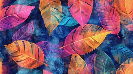 Fototapete - Colorful abstract leaves pattern with vibrant hues of pink, orange, and blue on a dark background with Copy Space.