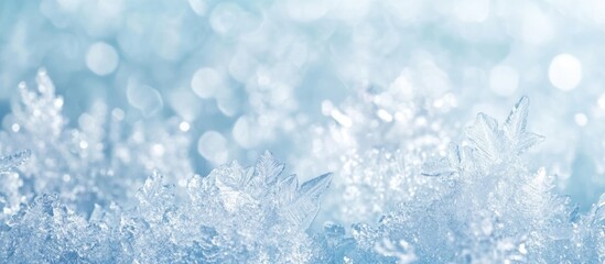Poster - Close-up of frost crystals on ice with soft blue and white bokeh background Copy Space
