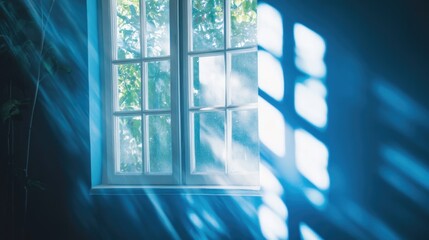 Poster - Serene sunlight streaming through a window with greenery outside and soft shadows on the wall Copy Space