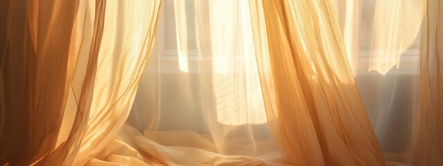 Poster - Soft sunlight filtering through sheer curtains in a bright interior with warm tones and natural light Copy Space