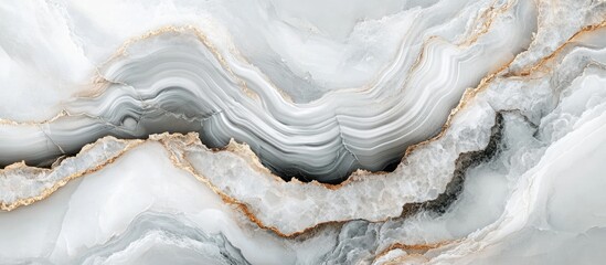 Poster - Abstract marble texture with layered patterns in gray and white tones featuring gold accents and smooth finish suitable for backgrounds and surfaces. Copy Space.