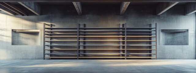 Poster - Modern industrial interior with empty concrete wall and metal shelving units, suitable for displaying items, Copy Space available.