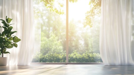 Poster - Bright sunlit window with sheer curtains and indoor potted plant showcasing natural outdoor greenery Copy Space