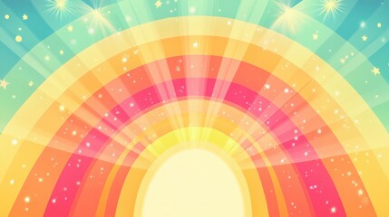 Fototapete - Colorful abstract rainbow with radiant beams and sparkling stars on a pastel background and ample copy space for text placement