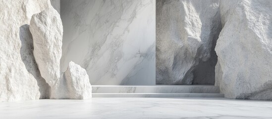 Poster - Minimalist interior design featuring large marble rock formations and a smooth marble floor with ample copy space.