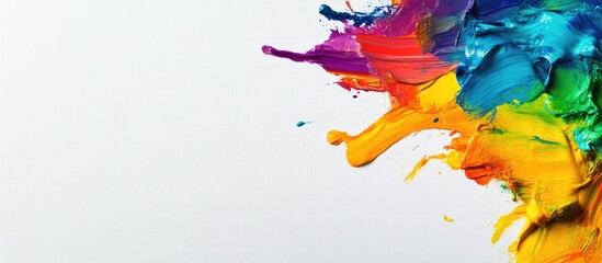 Fototapete - Colorful paint splash against a white background with ample copy space for text placement.