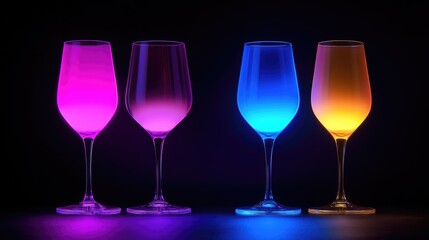Poster - Colorful illuminated wine glasses with pink blue and orange glowing light against a black background Copy Space