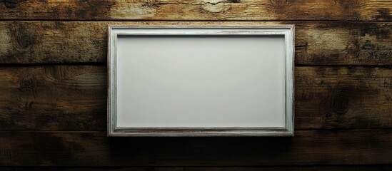 Poster - Blank white canvas in a vintage silver frame on wooden wall background with copy space for text or artwork placement