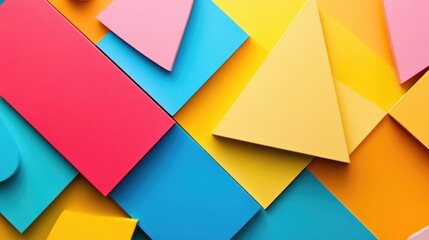 Poster - Colorful geometric shapes and paper layers in vibrant shades of pink, blue, yellow, and orange with Copy Space for text placement