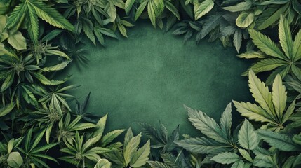 Poster - Green cannabis leaves arranged in a frame with copy space in the center for text or graphics. Natural background with various leaf shapes.