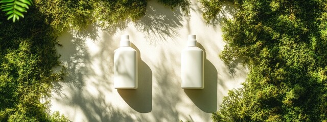Poster - Modern minimalistic wall design featuring two white bottles against a backdrop of green moss with natural shadows Copy Space