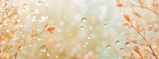 Poster - Soft blurred background with delicate flowers and dew drops in pastel tones with copy space for text or design.