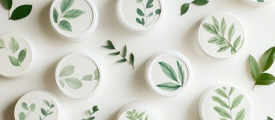 Poster - Green leaf illustrations on circular white containers arranged on a flat surface with leaves scattered around, Copy Space