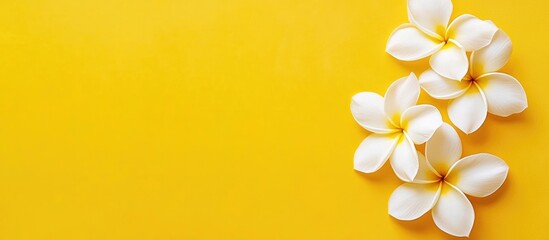 Poster - White frangipani flowers on bright yellow background with ample copy space for text placement