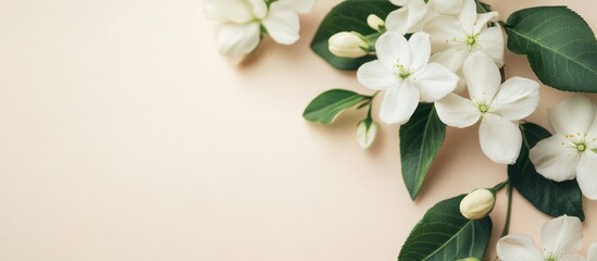 Poster - White flowers with green leaves arranged on a soft beige background with Copy Space for text placement.