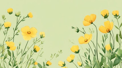 Poster - Yellow wildflowers on light green background with soft leaves and copy space for text application