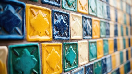 Poster - Colorful ceramic tiles arranged in a geometric pattern on a wall with Copy Space for text placement.